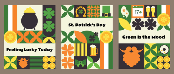 A set of modern St. Patrick’s Day posters with vibrant geometric patterns and festive elements like beer, clovers, coins, drums, and Irish flags.
