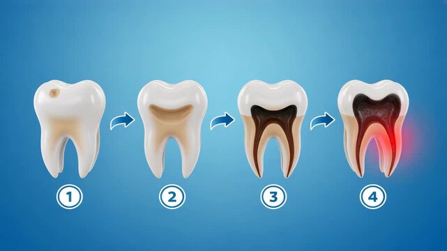 The four step decay chart from small enamel mark to deep pain area, showing progression of tooth decay or sensitivity in clear medical stages