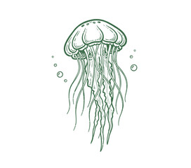 Naklejka premium Jellyfish Line Art. Retro Marine Animal Sketch. Ocean Creature Doodle. Hand Drawn Jellyfish Icon. Vintage Sea Life Logo.