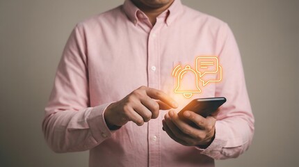 Man in pink shirt interacting with smartphone and notification icons