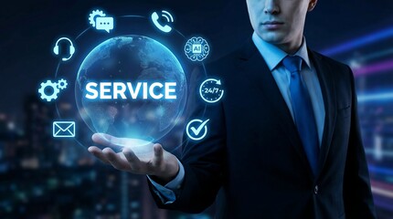 Businessman presenting global service concept with innovative technology