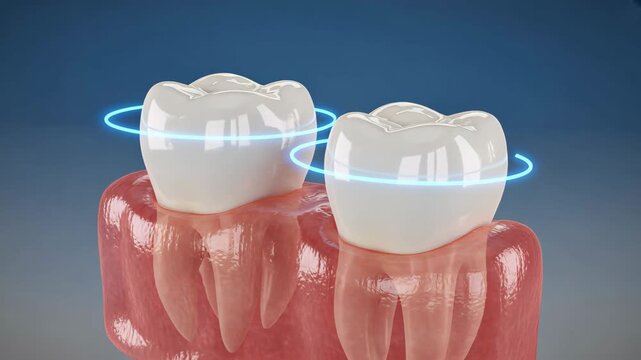 The two molars tooth in inflamed gums with blue energy arcs showing nerve pain and tooth decay or sensitivity in close medical view