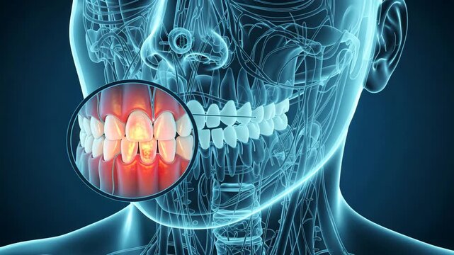 The transparent head with inflamed gum area highlighting pain and tooth decay or sensitivity in a clean digital anatomy display