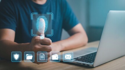 Man using fingerprint scan for secure laptop login