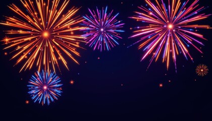 Colorful fireworks bursting in the night sky with vibrant orange blue and pink sparks illuminating the dark backdrop