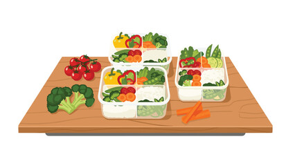 Healthy meal prep containers filled with colorful vegetables, rice, and protein are arranged on a wooden surface for convenient weekly lunches.