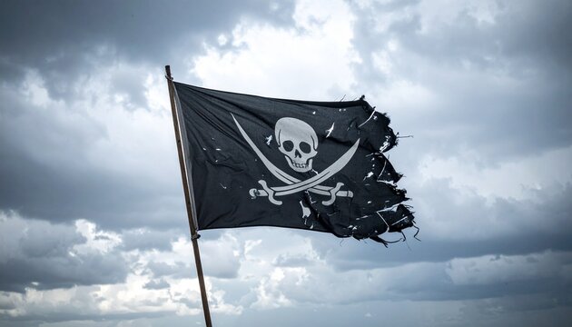 Una dram&aacute;tica fotograf&iacute;a de una bandera pirata destrozada ondeando desafiante contra un cielo tormentoso de fondo. La imagen simboliza el peligro, la rebeld&iacute;a y el esp&iacute;ritu rebelde de la vida pirata.