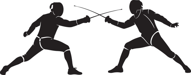 An elegant Fencing Duel Silhouettes collection showcasing two fencers in classic duel stances and dynamic action poses, including lunges, parries, attacks, and defensive movements.