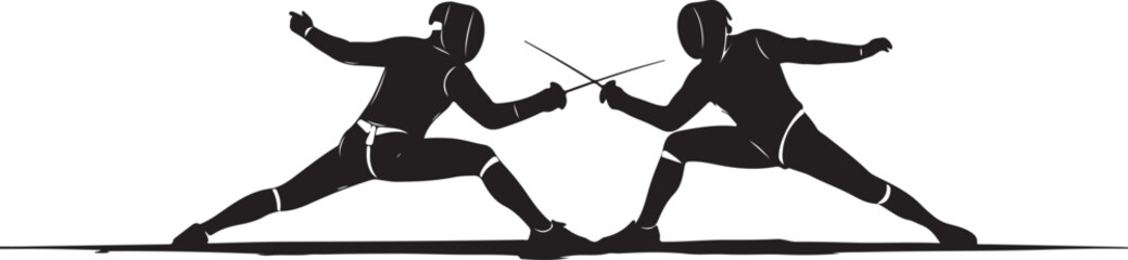 An elegant Fencing Duel Silhouettes collection showcasing two fencers in classic duel stances and dynamic action poses, including lunges, parries, attacks, and defensive movements.