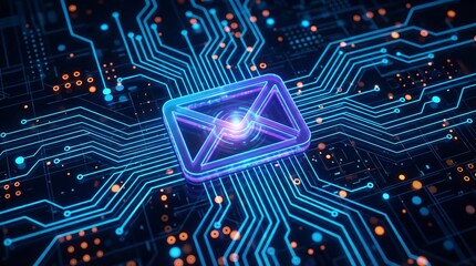 Neon email icon on futuristic circuit board background with glowing blue and orange lights