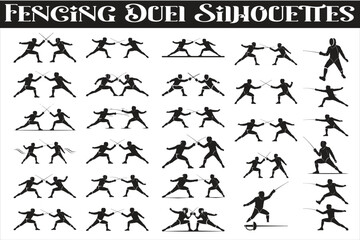 An elegant Fencing Duel Silhouettes collection showcasing two fencers in classic duel stances and dynamic action poses, including lunges, parries, attacks, and defensive movements.