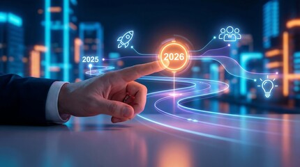 Businessman interacting with futuristic timeline interface for 2026
