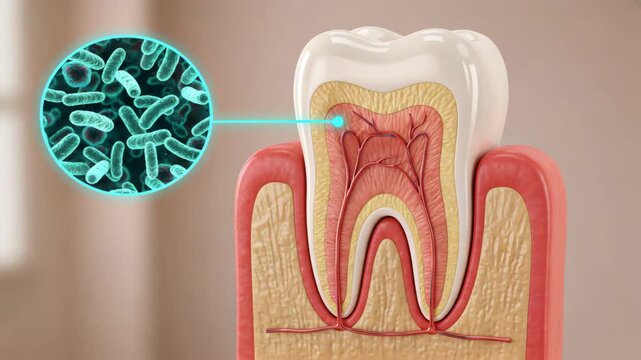 The tooth cross section with magnified bacteria showing early infection signs and layers linked to tooth decay or sensitivity