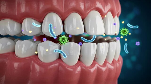 The teeth with glowing floating germs around gumline showing early infection and tooth decay or sensitivity in close detail