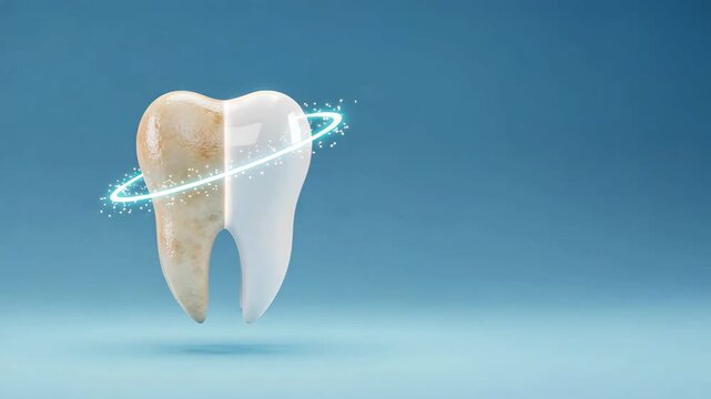 The tooth split into a yellowed and bright white halves showing whitening improvement linked to tooth decay or sensitivity care