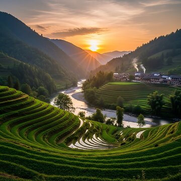 Terraced Rice Fields at Sunset - A Breathtaking Landscape in Asia.
