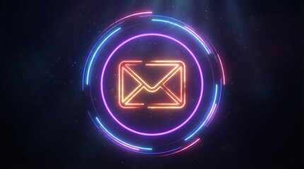 Neon email icon in vibrant pink and blue circle on dark background