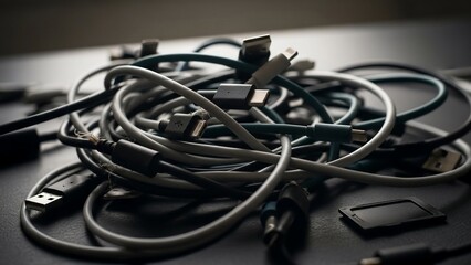 Tangled mess of electronic cables and connectors on a dark surface