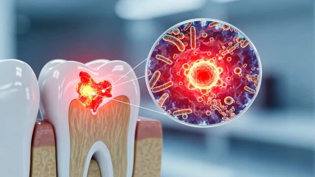 The tooth with glowing infected spot and magnified bacteria area showing tooth decay or sensitivity concept clearly