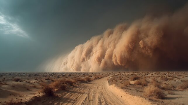 Epic sandstorm cloud rolling over a desert landscape with massive dust wall and dramatic apocalyptic sky above arid sand dunes.