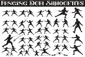 An elegant Fencing Duel Silhouettes collection showcasing two fencers in classic duel stances and dynamic action poses, including lunges, parries, attacks, and defensive movements.