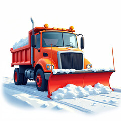 Orange snow plow truck clears deep white snowdrifts on road. Heavy machinery works during cold winter season. Truck has powerful engine, large tires, snow blade.