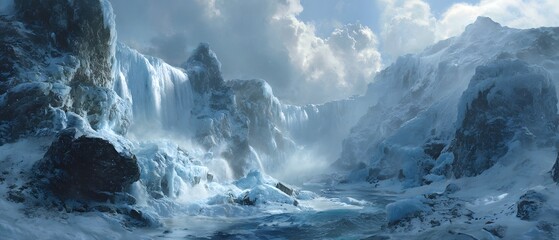 Majestic Frozen Waterfall: Icy Cliff Cascade in Winter Landscape