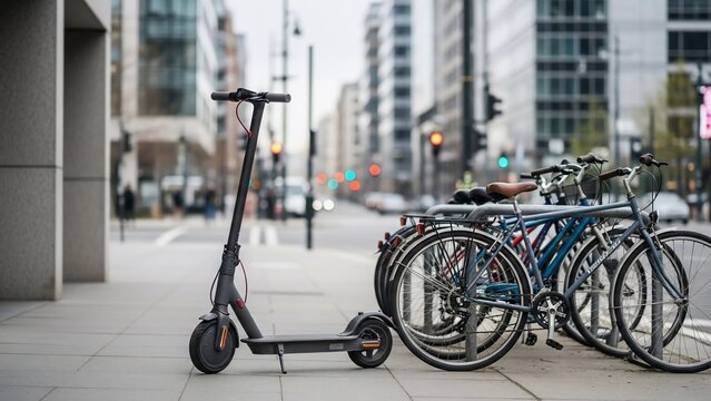 Electric scooter and bicycles parked on a city sidewalk, urban transportation options.