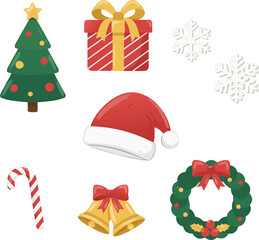 Christmas Tree, Gifts and Holiday Decorations 2D Illustration Set