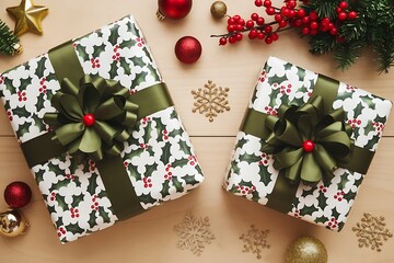 christmas tree and gifts Elegant Christmas and Happy Holidays greeting card with ornaments and gifts on white background, winter top view flat lay