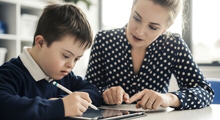 A woman and a boy sitting at a table using a digital tablet together with the boy holding a stylus and wearing a blue sweater