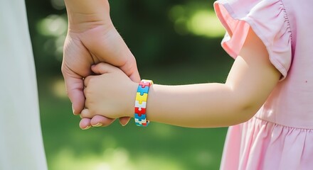 An adult and child holding hands outdoors in a park or garden