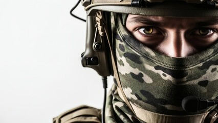 Fototapeta premium Soldiers Gaze Intense Eyes Behind Camo Mask with Modern Warfare.