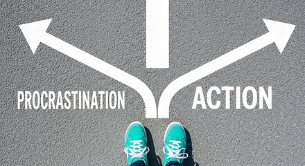 Person standing on road with procrastination and action arrows