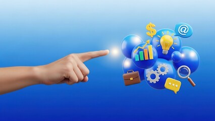 A human hand pointing towards a cluster of 3D blue spheres adorned with various business, technology, and data icons, symbolizing interaction with digital concepts.