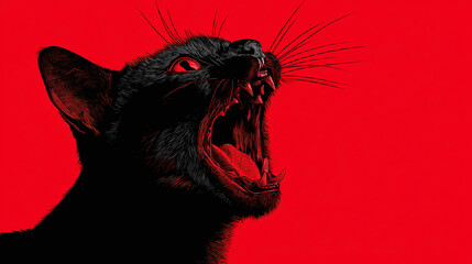 Obraz premium A Fierce black cat with open mouth on red background 