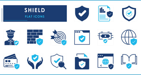 A set of flat icons related to Shield. Protect, safety, defend, goal, finance, web, firewall, internet, payment, books, and so on.