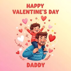 Happy valentines day daddy illustration with hearts and a father son duo