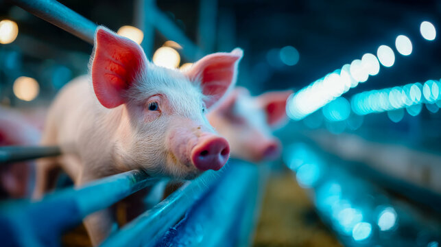 Young pigs standing in a row inside a modern livestock farm, representing agriculture and animal farming