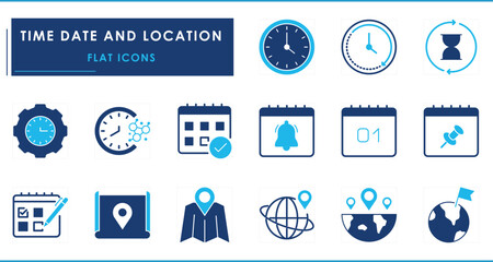A set of flat icons related to Time, Date, and Location. Watch, hourglass, time management, calendar, events, date, world, pin drop, map, and so on.