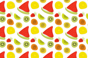 A vibrant, seamless pattern of juicy watermelon, kiwi, orange, strawberry, lemon, and pineapple slices on a white background, perfect for summer-themed designs.