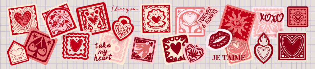 Obraz premium Love sticker set, Valentine Day postal stamp, hand drawn romantic holiday postmark print, heart sign. February celebration mail letter cartoon patch, scrapbook collage graphic. Square love stickers