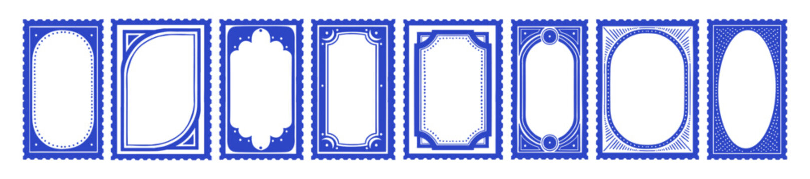 Postage stamp frames, elegant vintage postal border, blue geometric mail shape, retro postcard decor. Old postmark emblems, hand drawn decoration graphic, empty blank oval. Trendy postage frame design