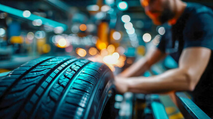 Worker inspecting car tires on an automated production line inside a modern industrial factory