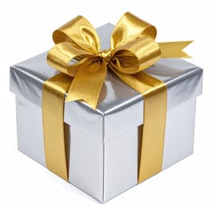 Obraz premium Square silver present box tied with a luxurious golden ribbon bow