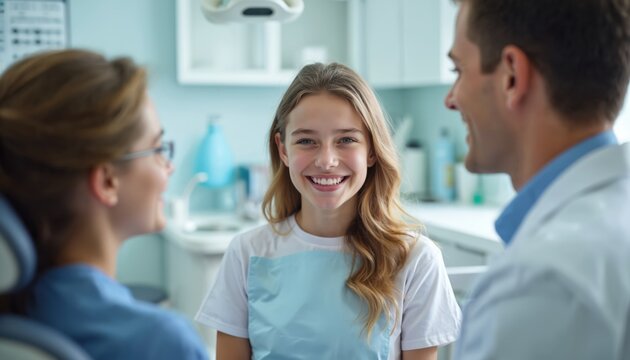 Young woman smiles at dentist and assistant in bright clinic. They discuss oral health and treatment options. Patient feels positive about dental care process. Medical team offers expert advice.