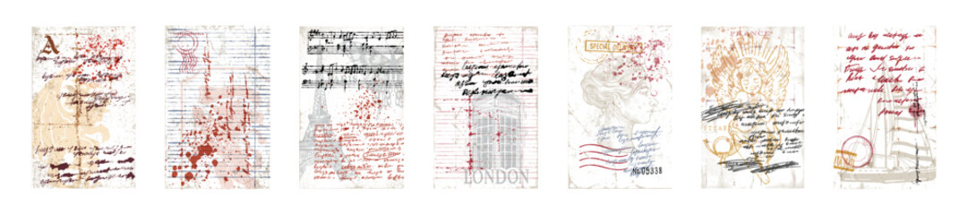 Vintage paper overlay set, postal letter handwritten background old grunge note texture postal print. Retro scrapbooking collage design object, antique messy memory sheets. Vintage paper calligraphy