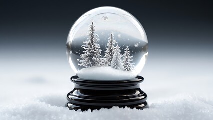 a snow globe with pine trees inside on a snowy surface