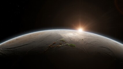 a planet in space with sun rising over the horizon in the distance