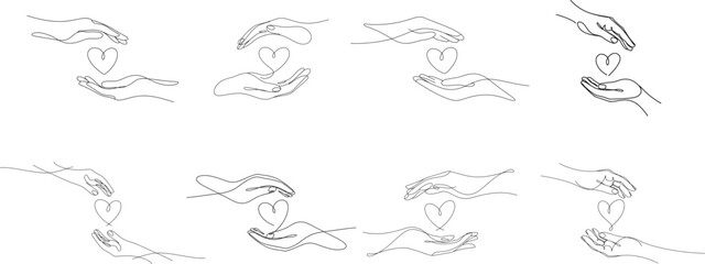 Collection of Heart in Hand Continuous  Outline collection, Giving Hands, vector outline design.